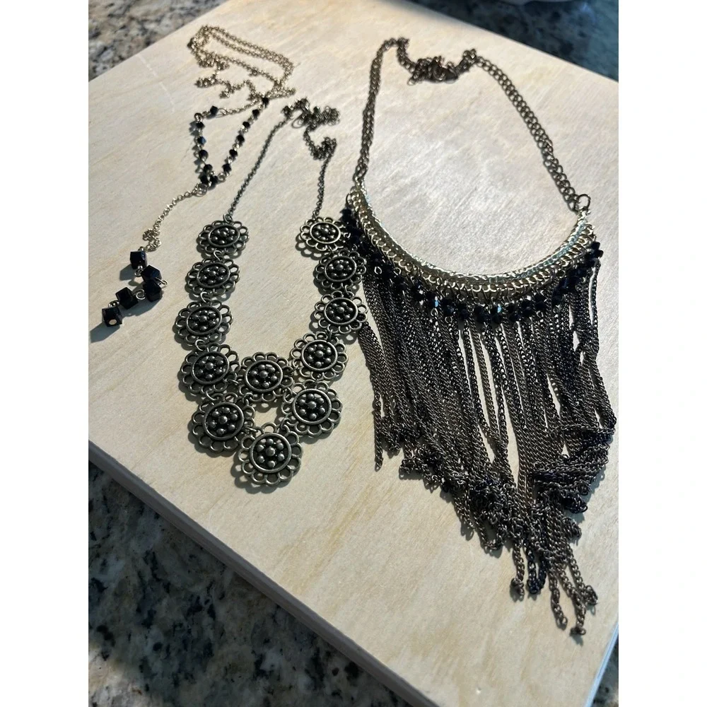 Lot 3 Statement Mixed Metal Gold Tone‎ Brass Necklace Lariat Fringe Flower Bead